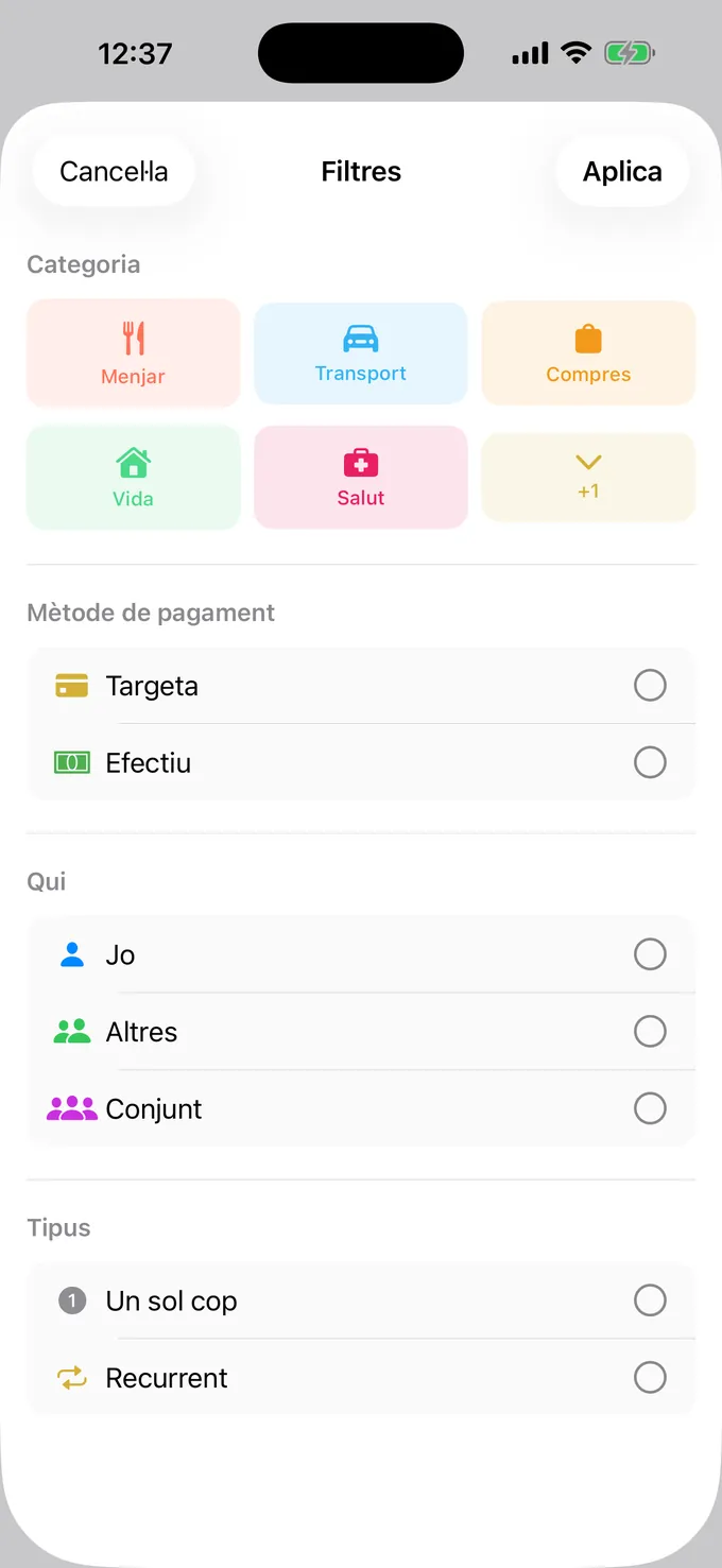 Filtratge per categoria, mètode de pagament i persona