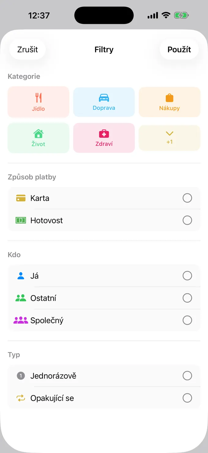 Filtrování podle kategorie, způsobu platby a osoby