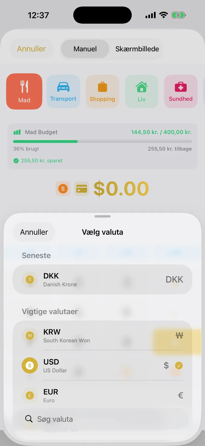 Valg af valuta med aktuelle kurser