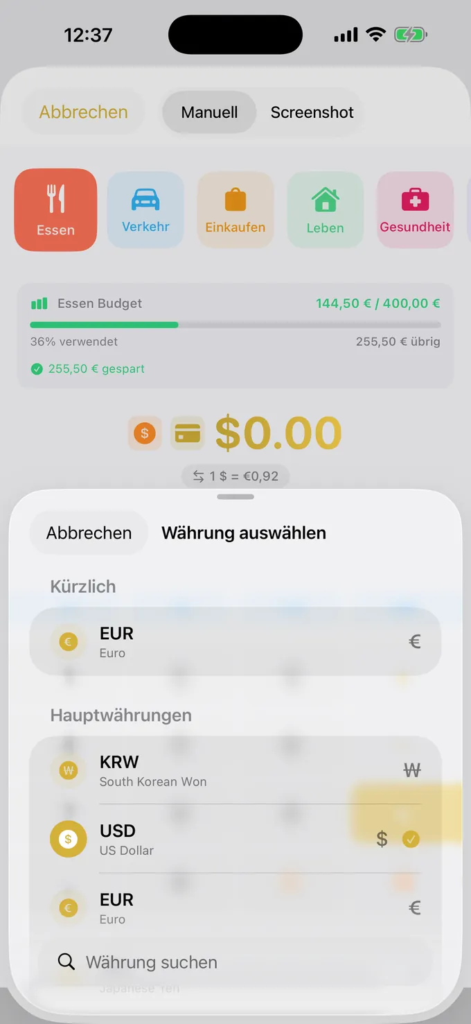 Währungsauswahl mit aktuellen Wechselkursen