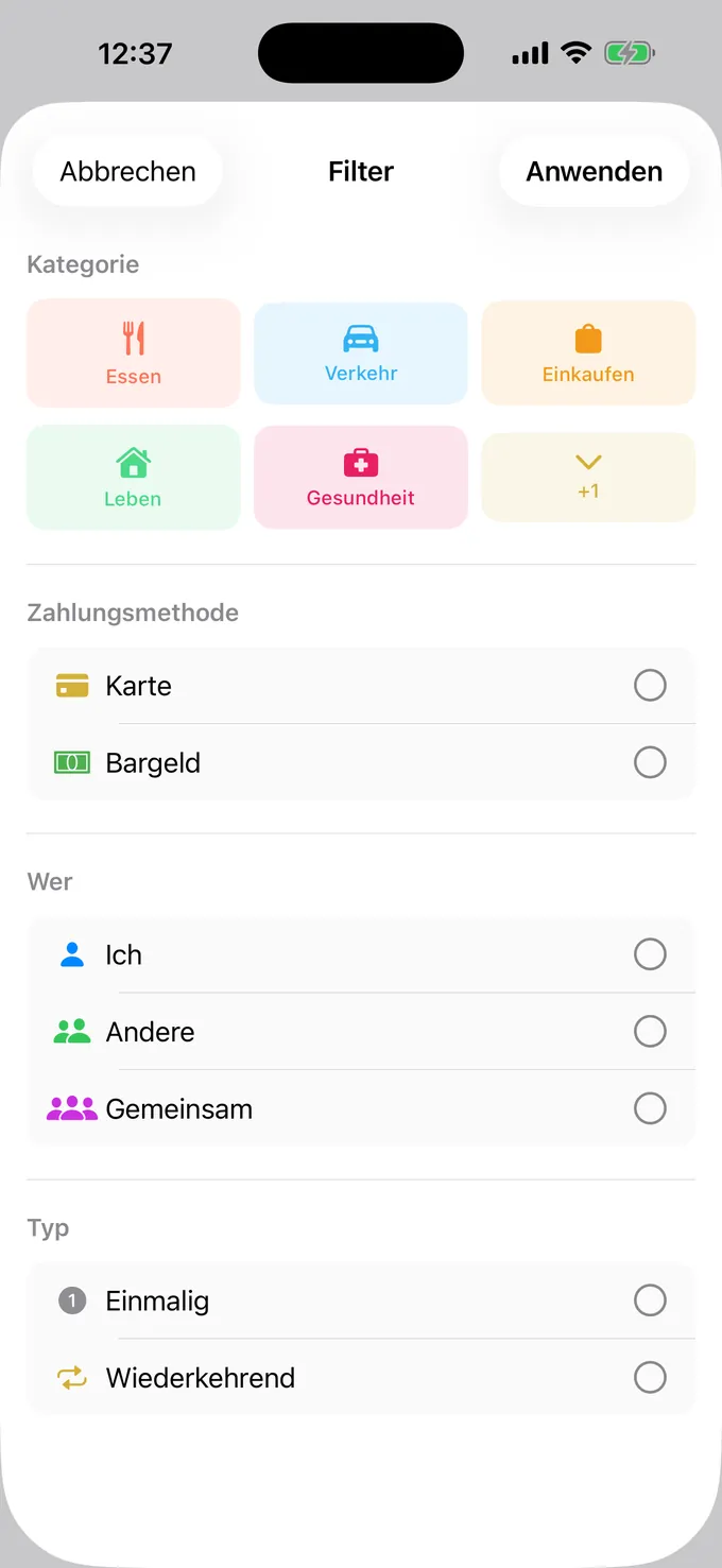 Filtern nach Kategorie, Zahlungsart und Person
