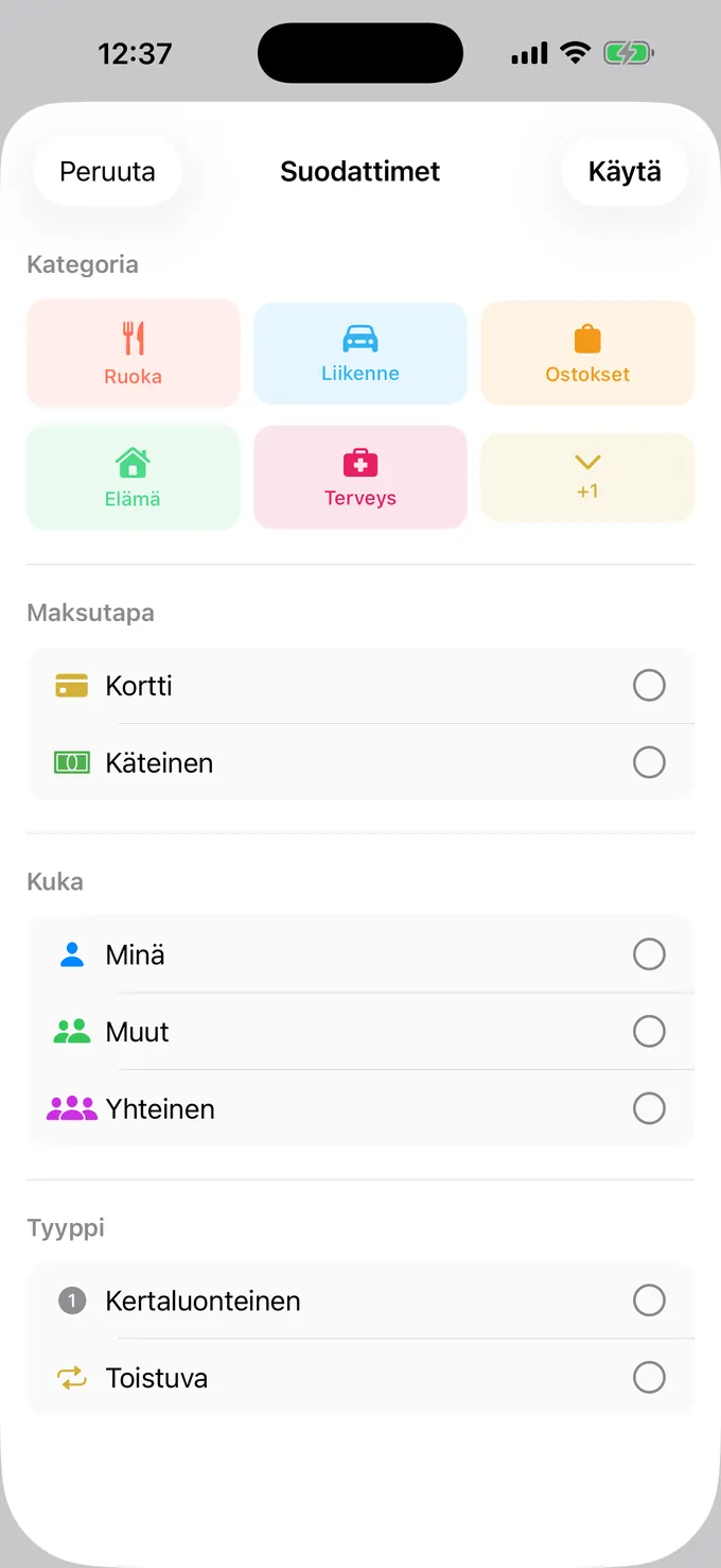 Suodatus kategorian, maksutavan ja henkilön mukaan