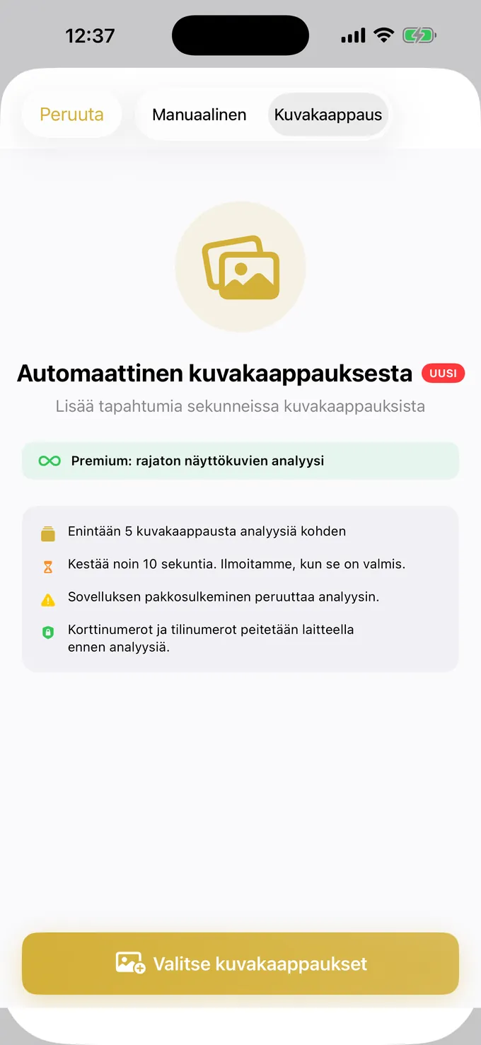 Menojen kirjaaminen kuvakaappauksesta