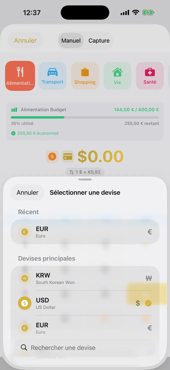 Choix multidevise avec taux de change en direct