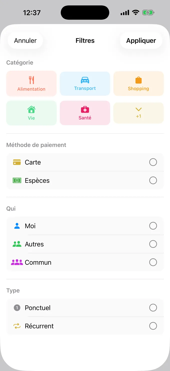 Filtrage par catégorie, mode de paiement et personne
