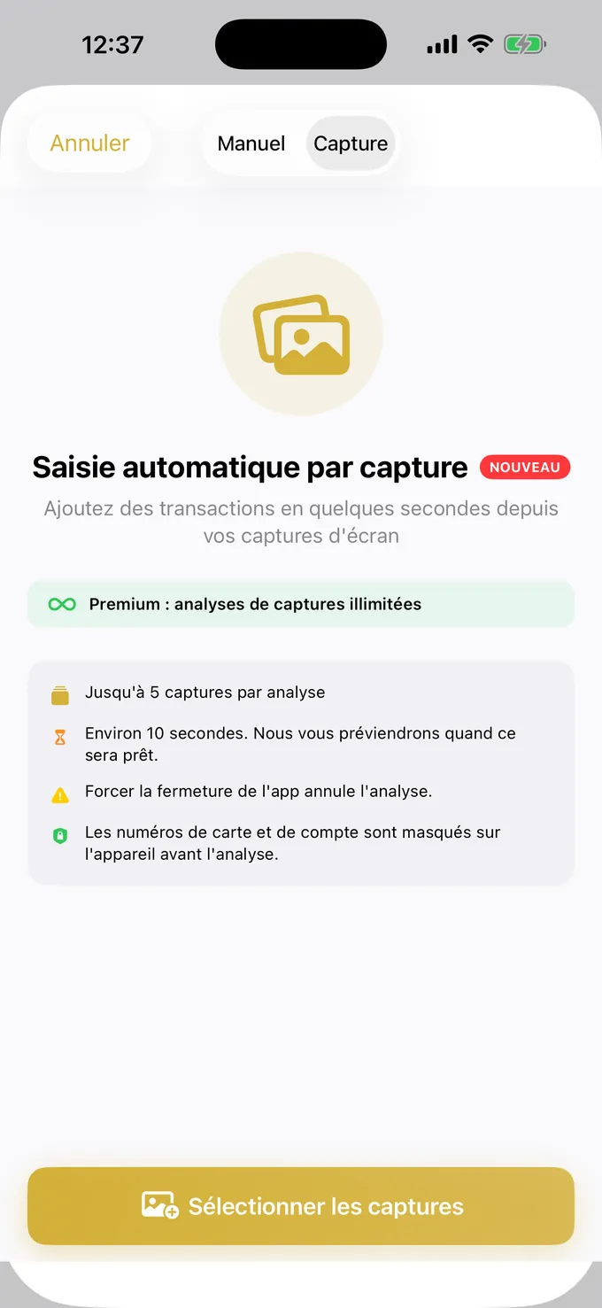 Saisie d'une dépense à partir d'une capture d'écran