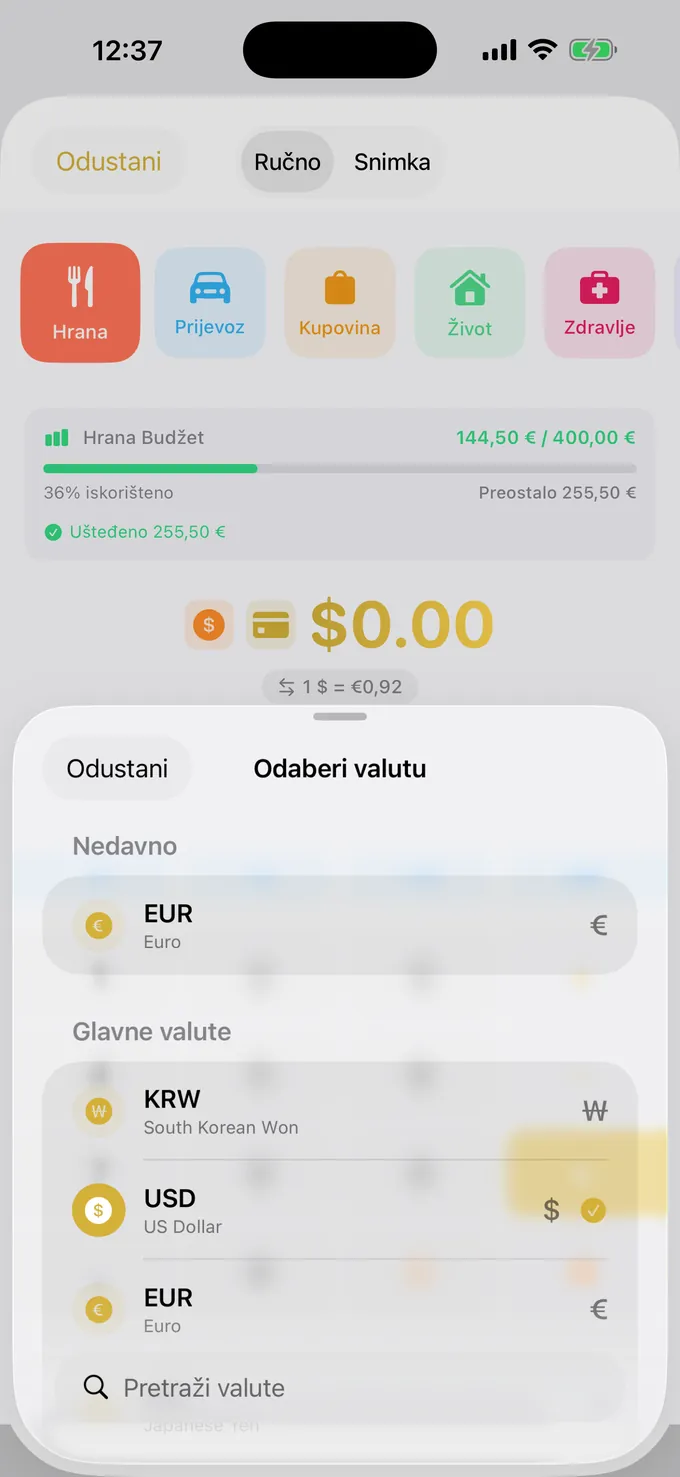 Odabir valute s aktualnim tečajem