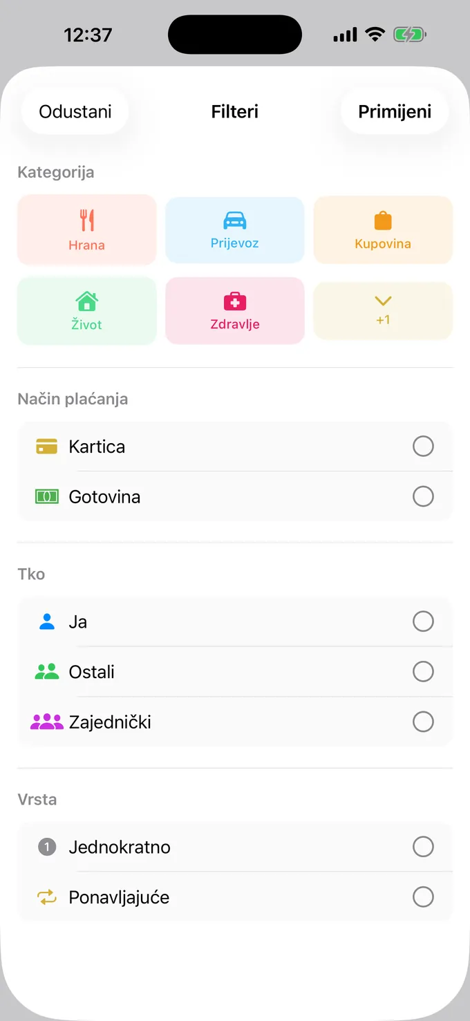 Filtriranje po kategoriji, načinu plaćanja i osobi