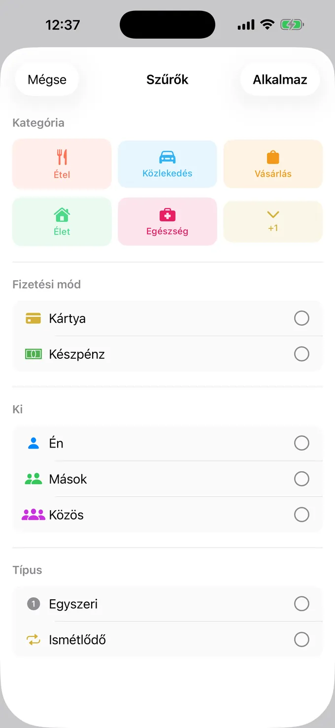 Szűrés kategória, fizetési mód és személy szerint