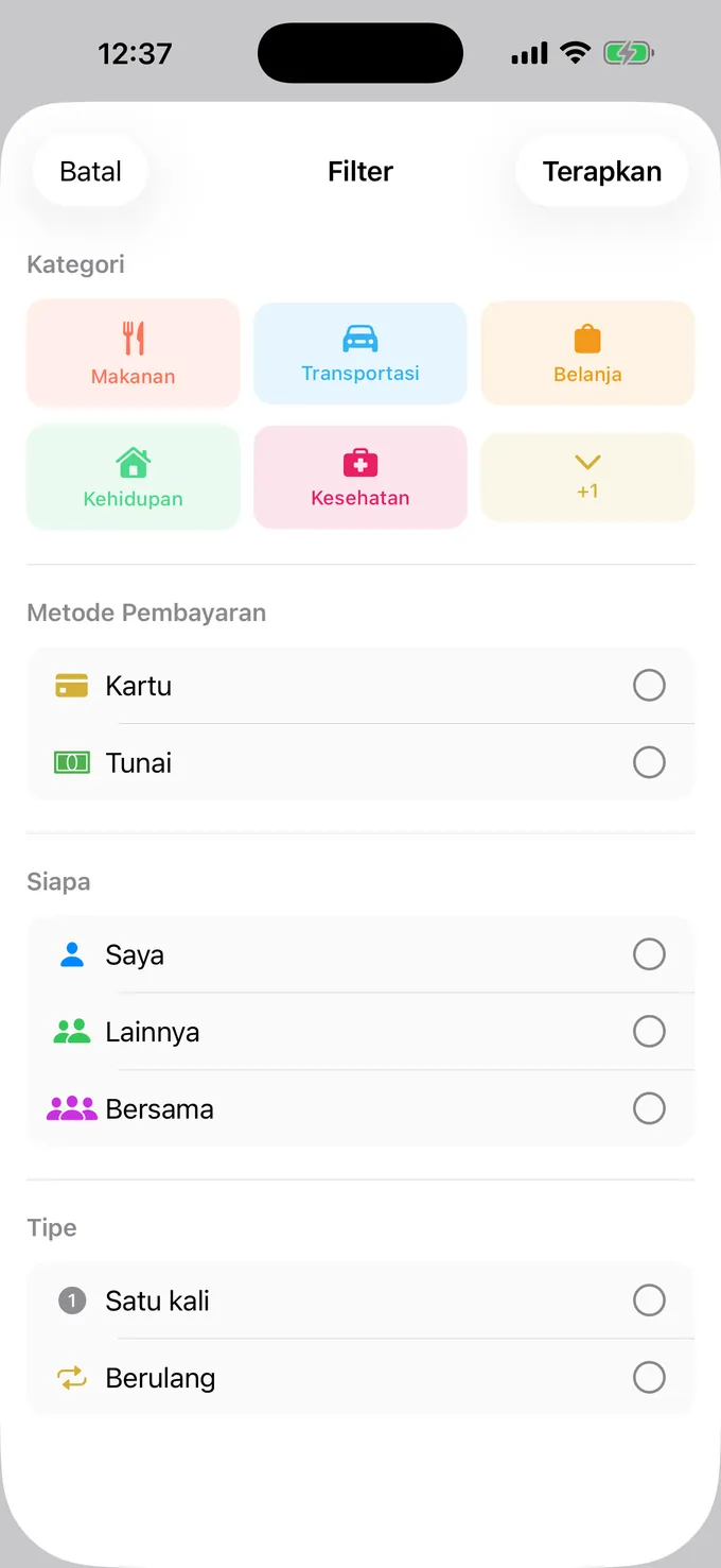 Menyaring berdasarkan kategori, metode bayar, dan orang