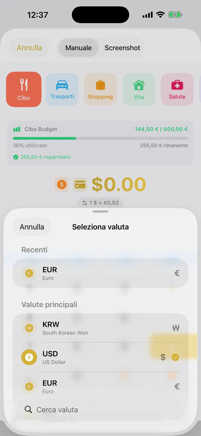 Scelta multivaluta con tassi di cambio in tempo reale
