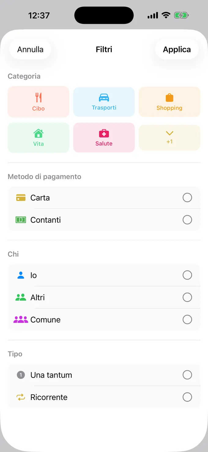 Filtro per categoria, metodo di pagamento e persona