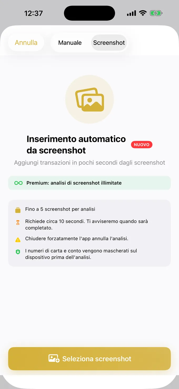 Registrazione di una spesa da uno screenshot