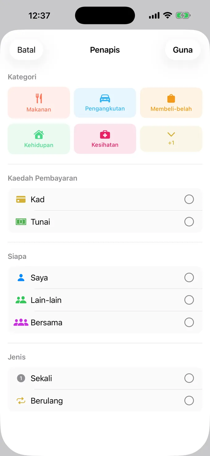 Menapis ikut kategori, cara bayaran dan orang