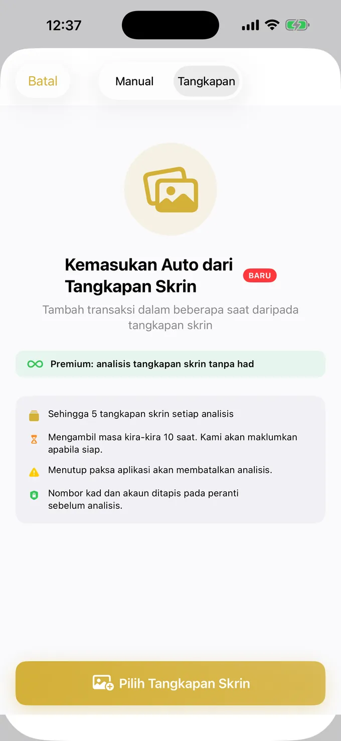 Merekod perbelanjaan daripada tangkapan skrin
