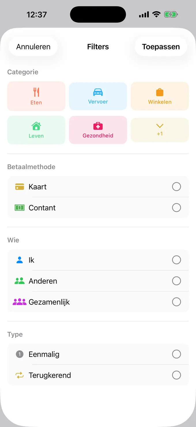 Filteren op categorie, betaalwijze en persoon