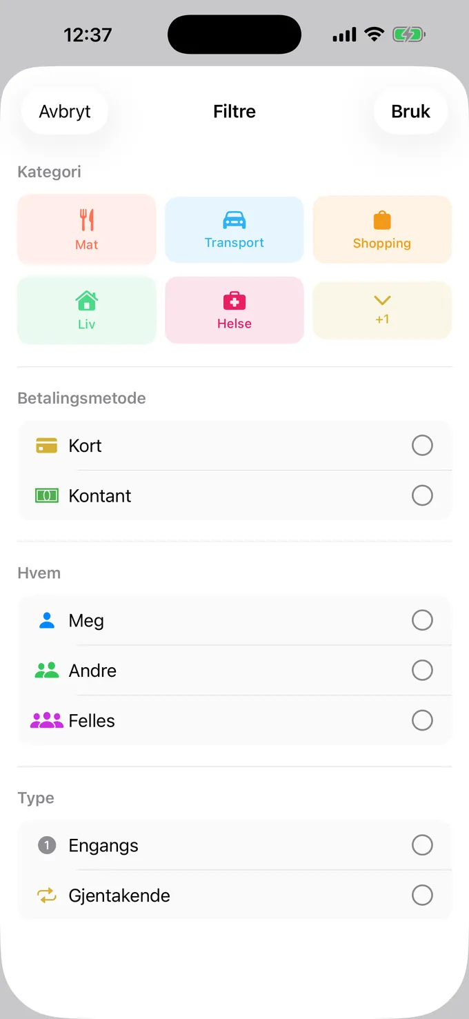 Filtrerer på kategori, betalingsmåte og person