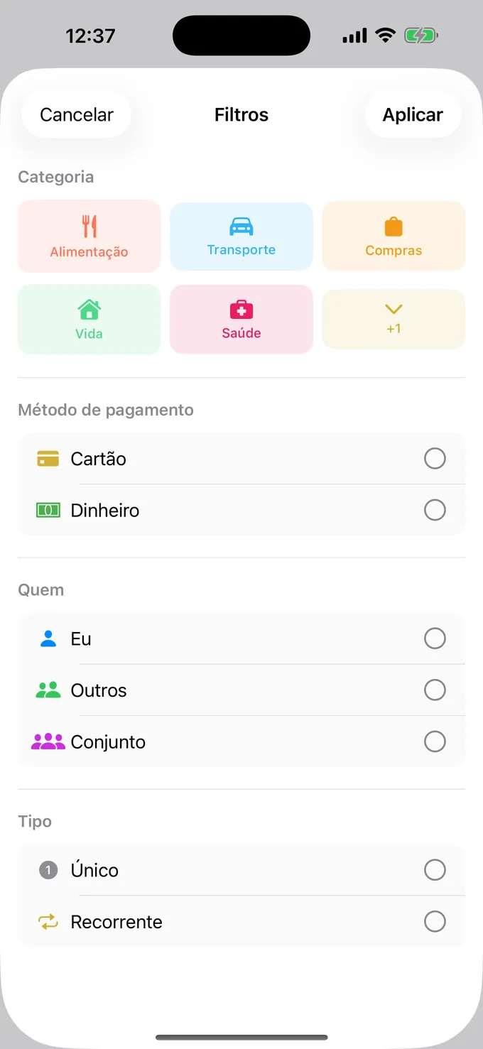 Filtrando por categoria, forma de pagamento e pessoa