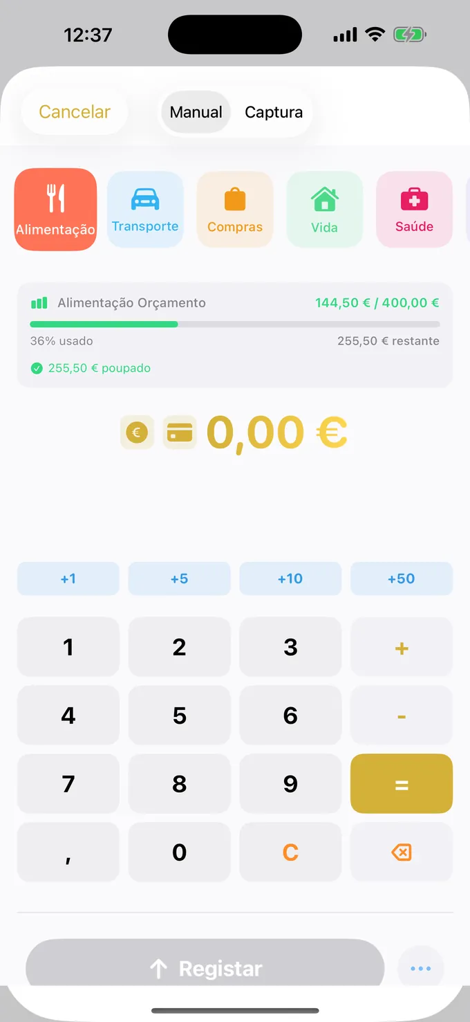 Orçamento com o teclado tipo calculadora