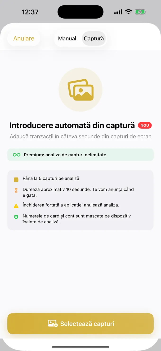 Înregistrarea unei cheltuieli dintr-o captură de ecran