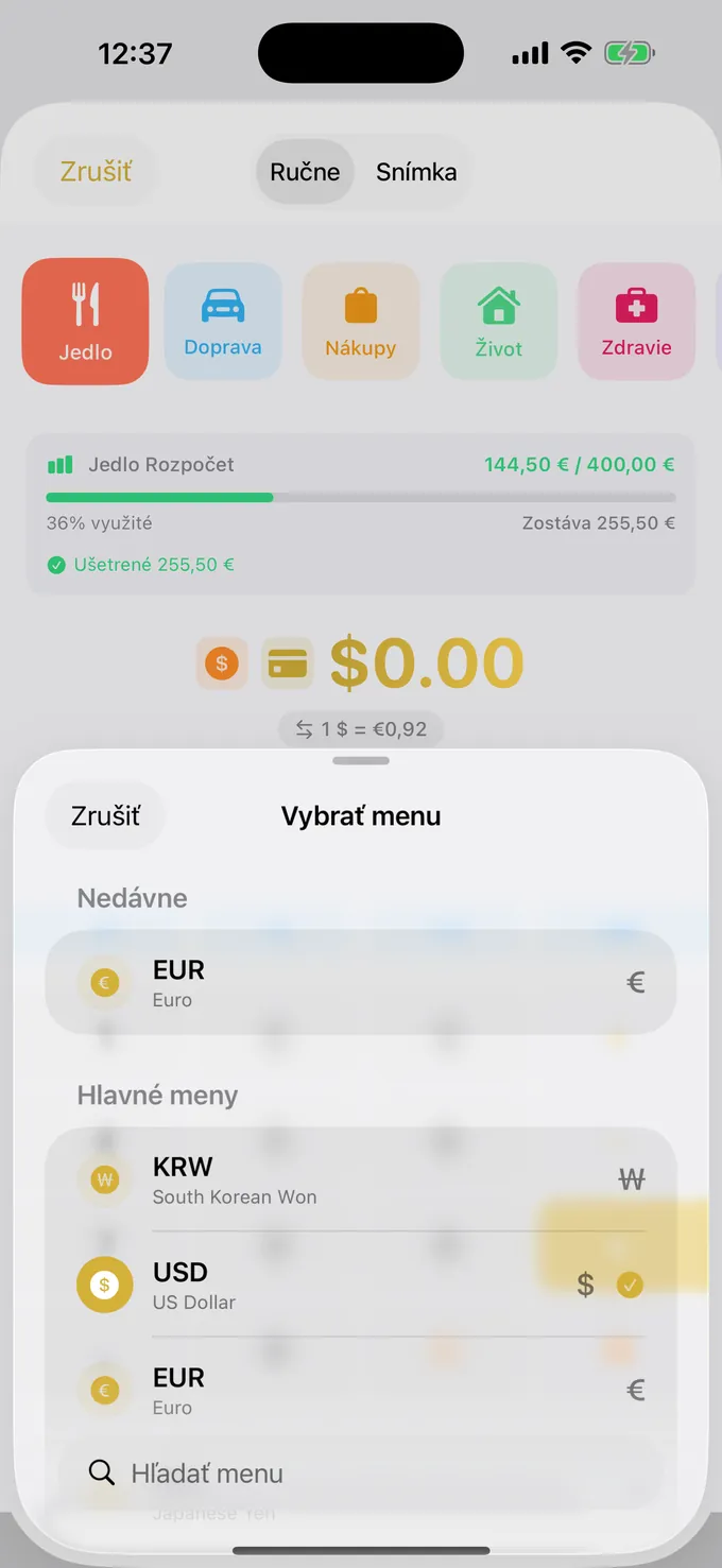 Výber meny s aktuálnym kurzom