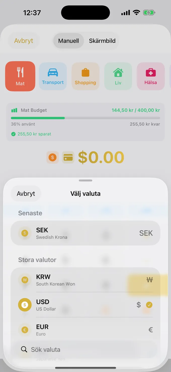 Val av valuta med aktuella växelkurser