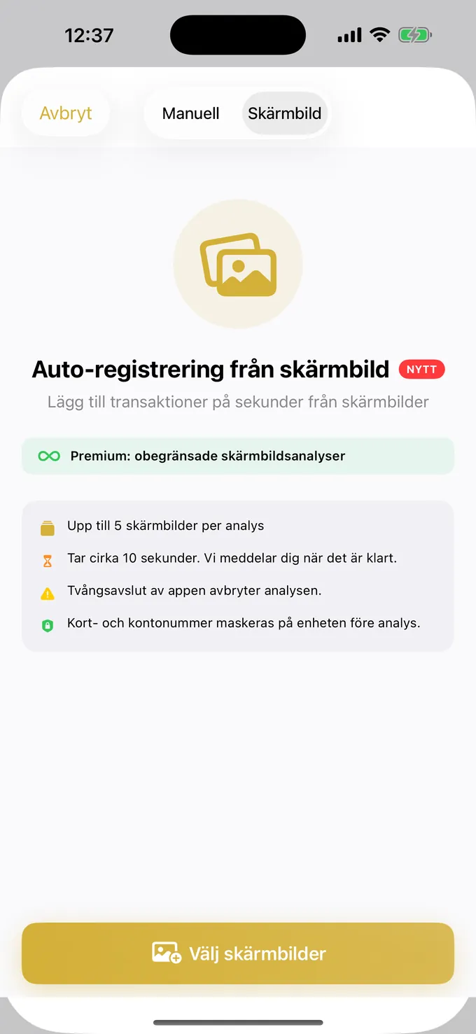 Registrerar utgifter från en skärmdump