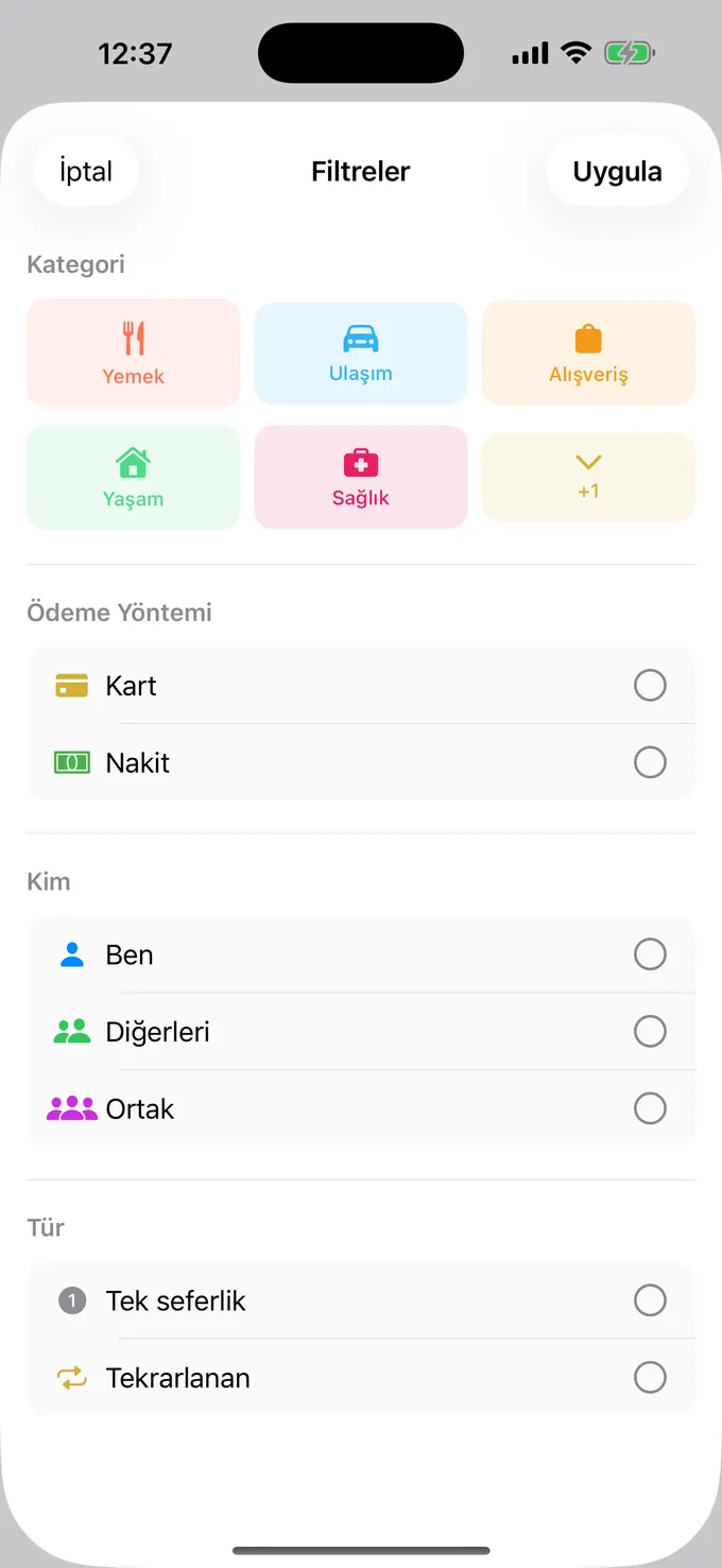 Kategori, ödeme yöntemi ve kişiye göre filtreleme