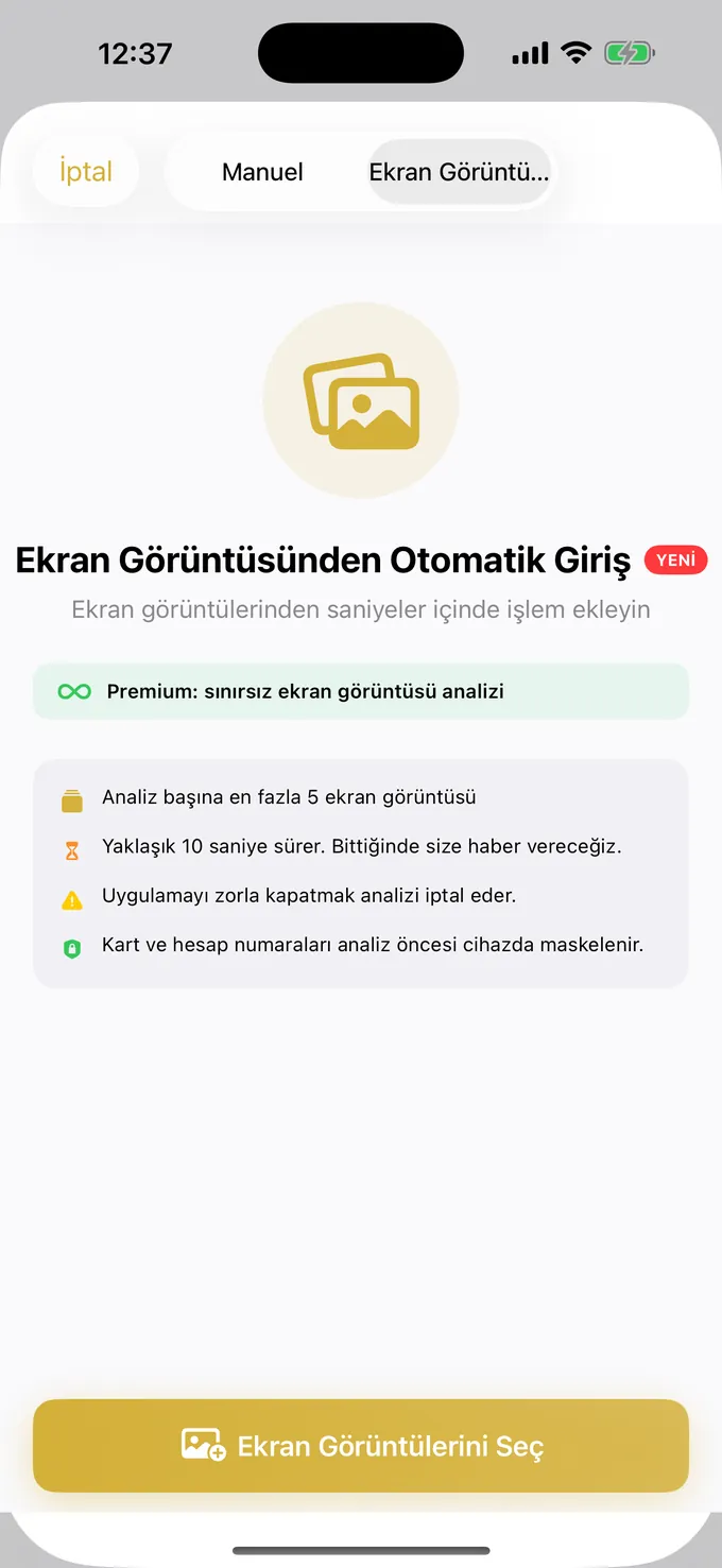 Ekran görüntüsünden harcama kaydı
