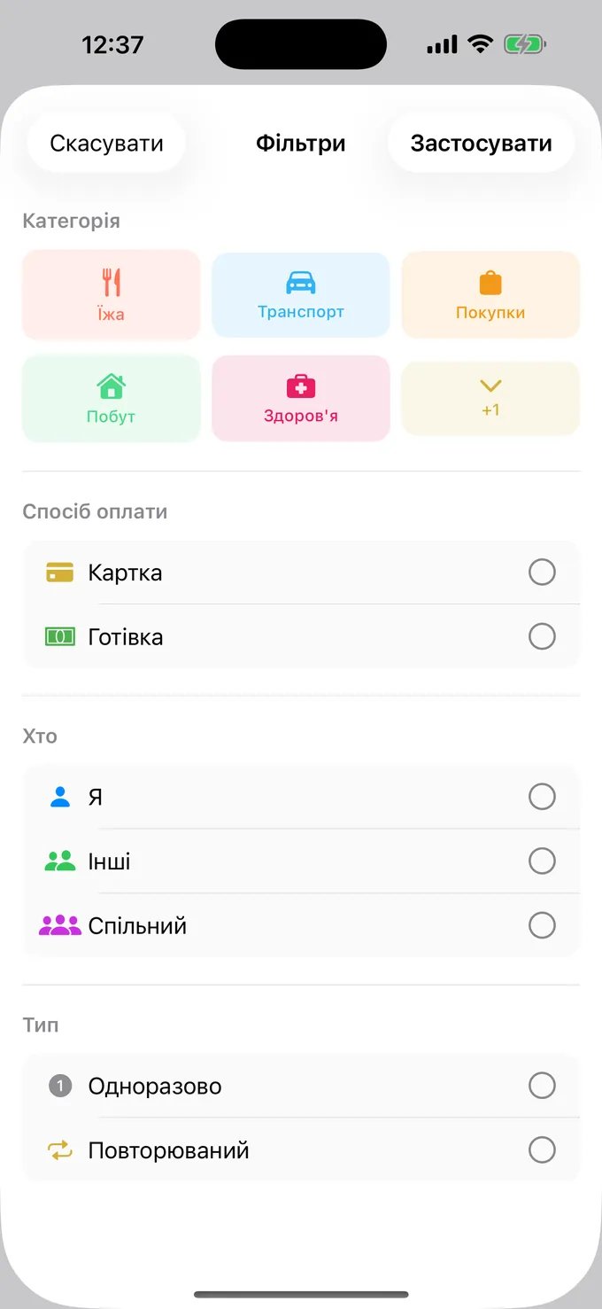 Фільтр за категорією, способом оплати та людиною