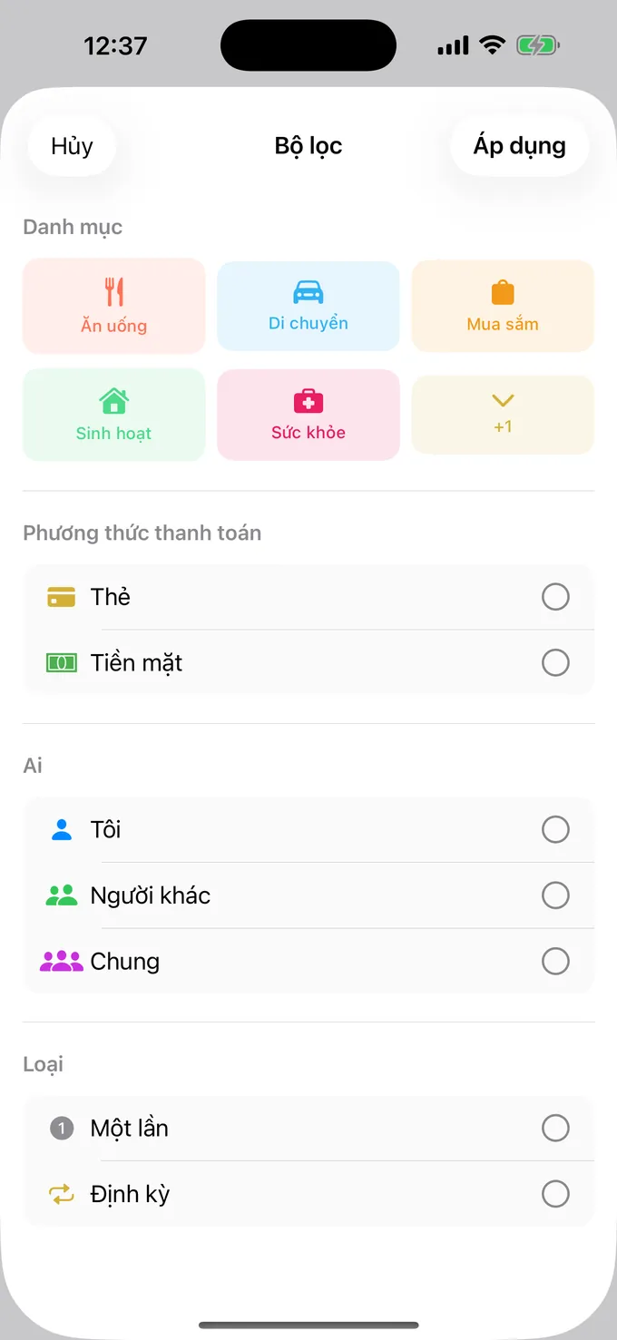 Lọc theo hạng mục, hình thức thanh toán và người